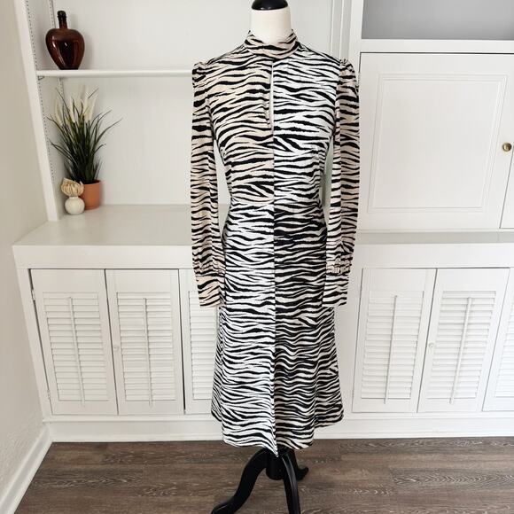 A.L.C. Black Beige Silk Kennedy Tiger-Printed Shift Midi Dress Size 4 - Picture 3 of 9